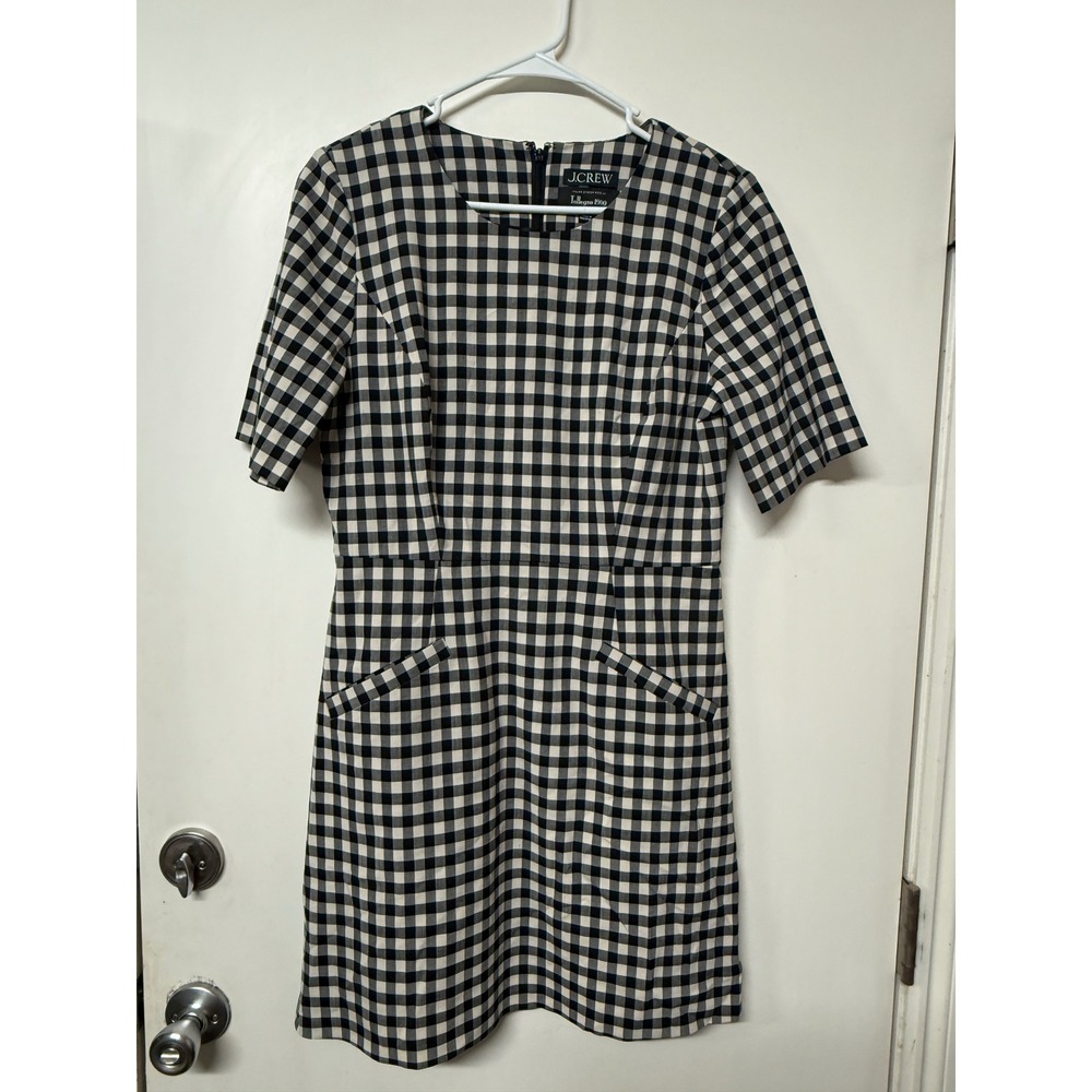 J.Crew Italian Stretch Wool Tollegno 1900 Gingham Sheath Dress Black White 8
